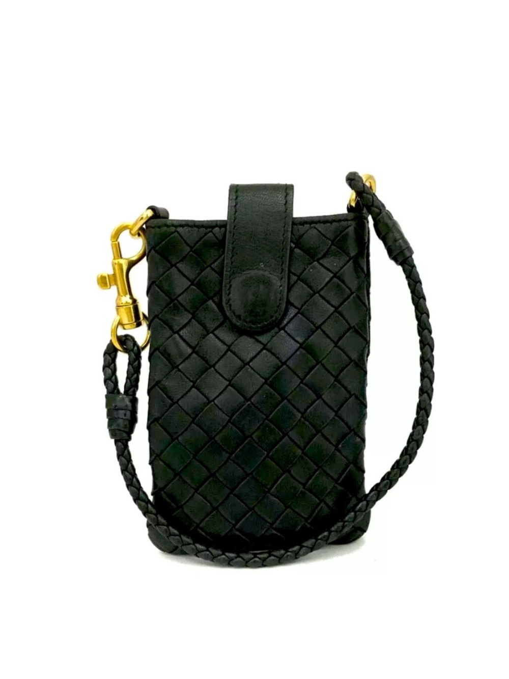 Auth Bottega Veneta Intrecciato Black Lambskin Pouch Wallet W/ Braided Strap